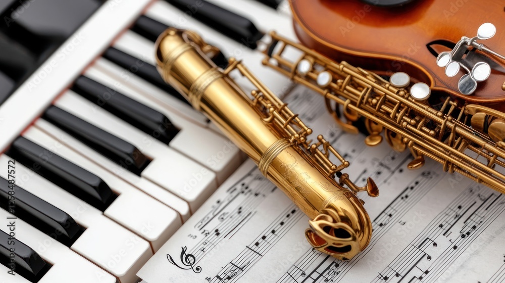 Obraz premium Golden Saxophone Violin Piano Sheet Music Classic Ensemble