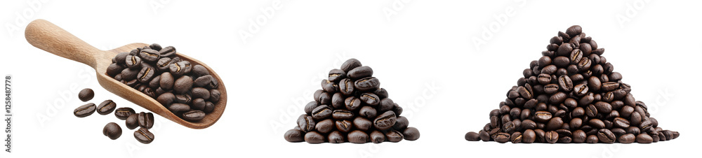 Fototapeta premium A collection of roasted coffee beans with a wooden scoop for brewing excellence., transparent background.