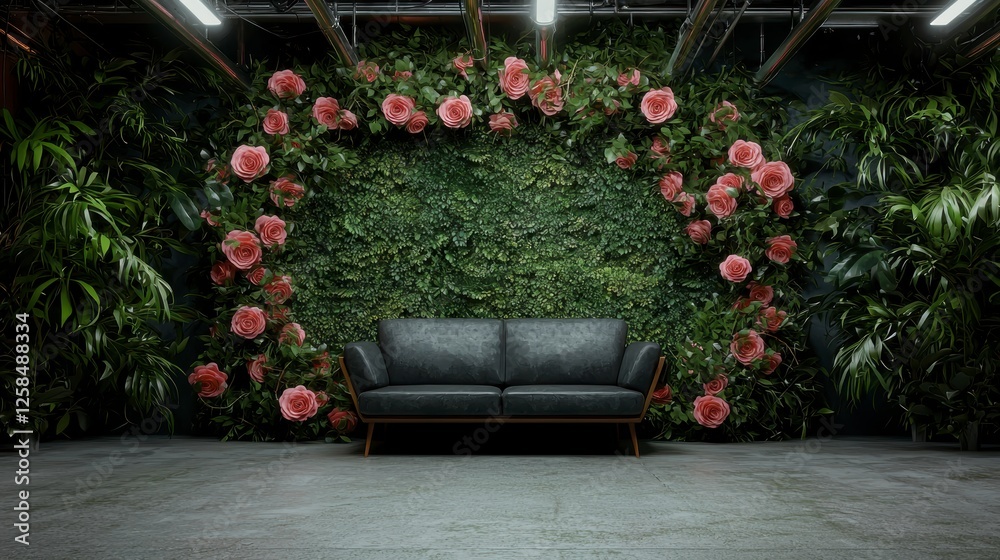 Fototapeta premium Dark Room with Mid Century Modern Sofa and Floral Wall Decor