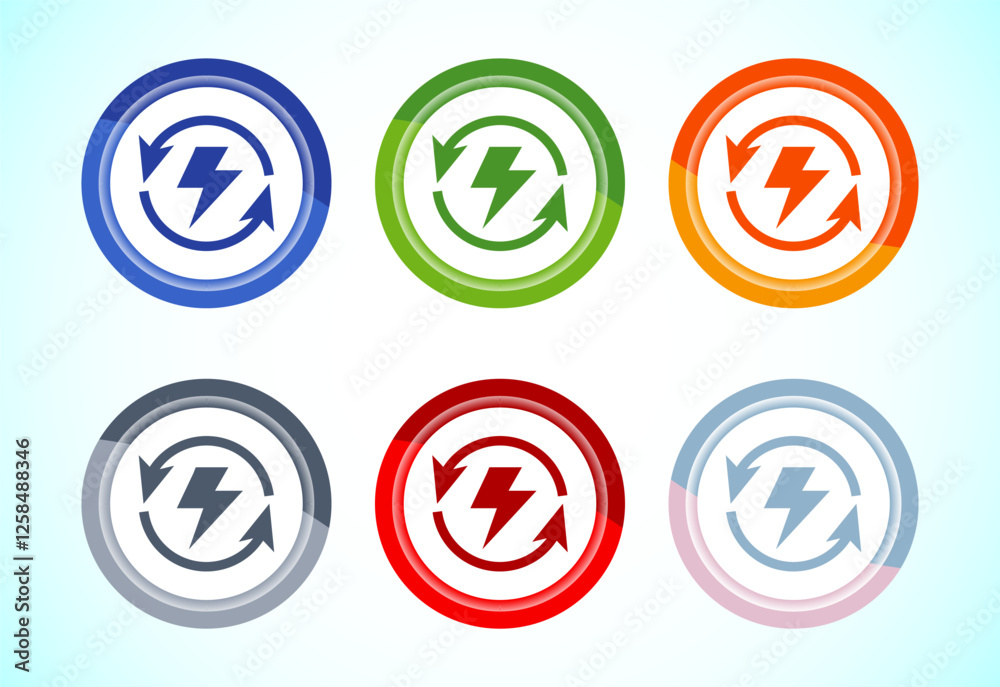 Renewable energy icon design illustration. Renewable power sign symbol, 6 color button design set