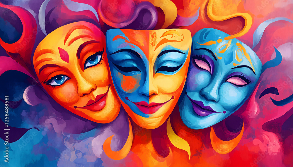 Obraz premium Artistic illustration of colorful theatrical drama masks