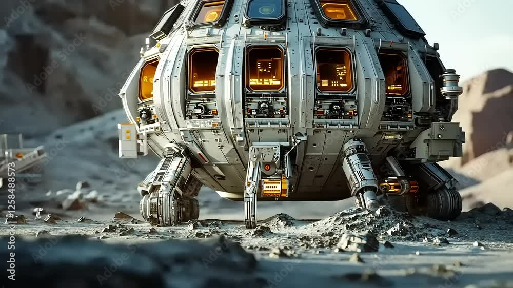 Futuristic Lunar Lander on a Rocky, Desolate Extraterrestrial Surface