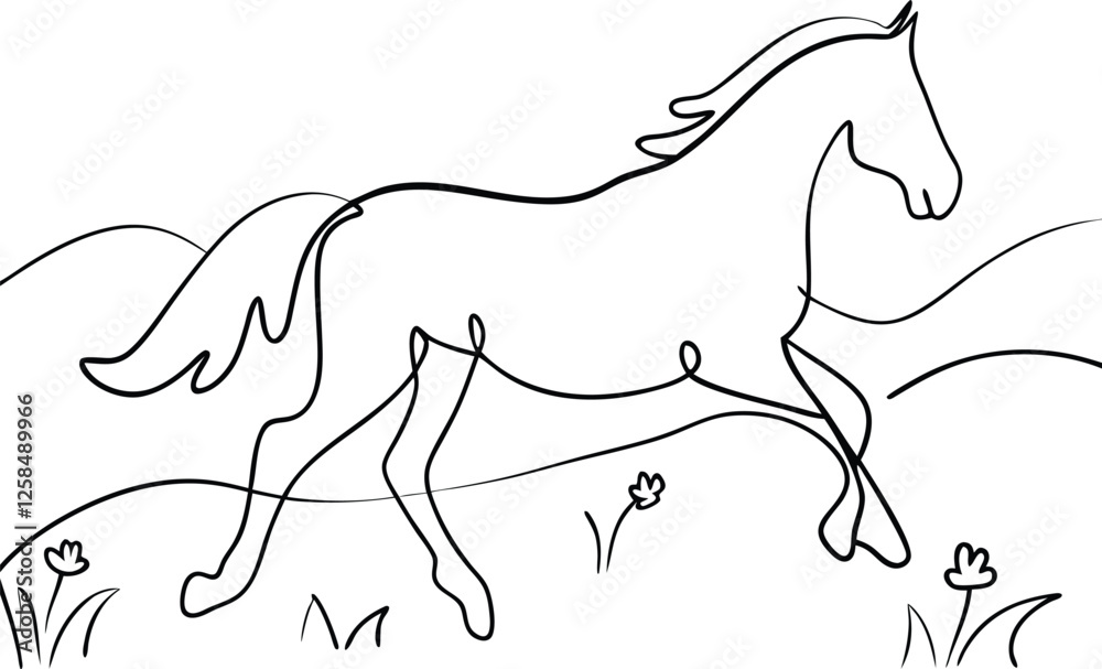 Elegant OneLine Horse Drawing, Galloping Pasture, Spring Flowers Elegant OneLine Horse Drawing, Galloping Pasture, Spring Flowers