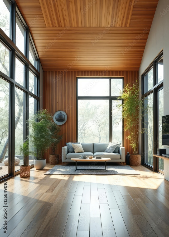 Minimalist living room interior with wooden floor large windows and bamboo plants sunlight streams through the windows bamboo house background beautiful bamboo asian seaport baltic sea antebellum
