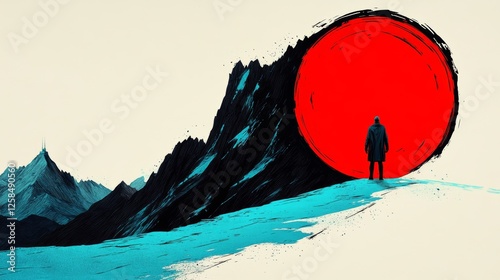 A lone figure stands before an immense red sun setting behind a dramatic, teal mountain range.  A powerful, minimalist landscape.