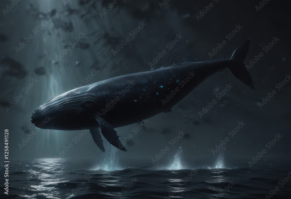 Fototapeta premium Towering whale shape in the dark ocean depths with bioluminescent fish swimming around it , fish, bioluminescence, ocean