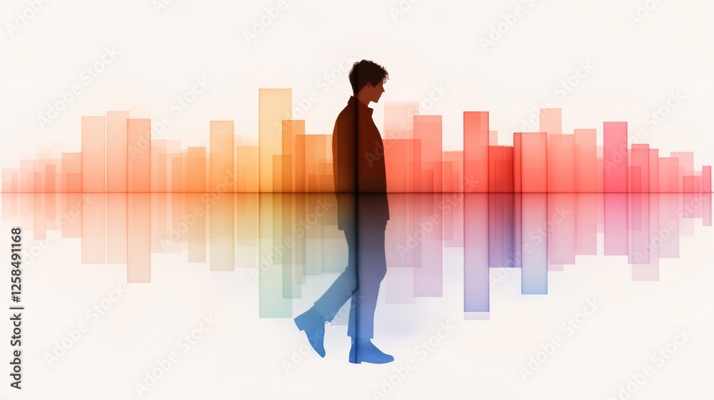 Silhouette of a young man walking through a vibrant, colorful cityscape. Abstract urban landscape reflecting a modern and energetic mood. Silhouette of a young man walking through a vibrant, colorful cityscape. Abstract urban landscape reflecting a modern and energetic mood.