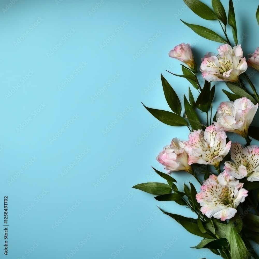 Fototapeta premium Delicate White and Pink Flowers on a Light Blue Background