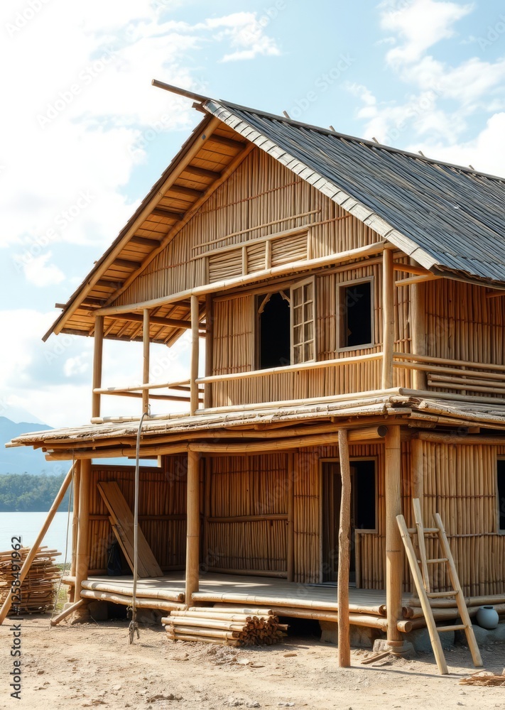 Construction of traditional style batak house with bamboo scaffolding beside the volcanic lake toba samosir island sumatra indonesia bamboo house background beautiful bamboo asian seaport baltic sea a