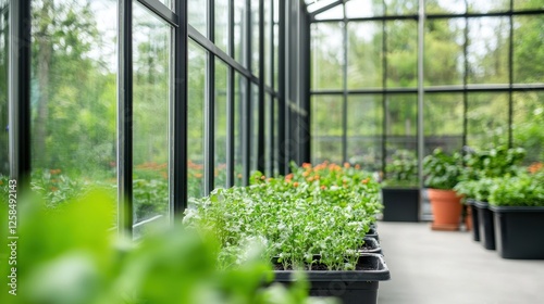 Greenhouse Interior with Fresh Herbs and Lush Foliage Growth Scene