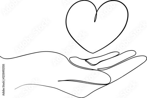 Oneline drawing, heart, hand, love, care, giving, support, compassion, kindness, charity