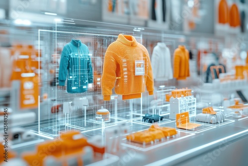 A modern retail display featuring digitally enhanced clothing, showcasing vibrant sweaters in a futuristic store setting.