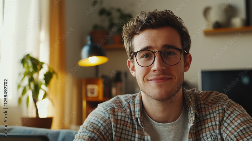 Fototapeta premium Cheerful young man smiling in a cozy living room setting