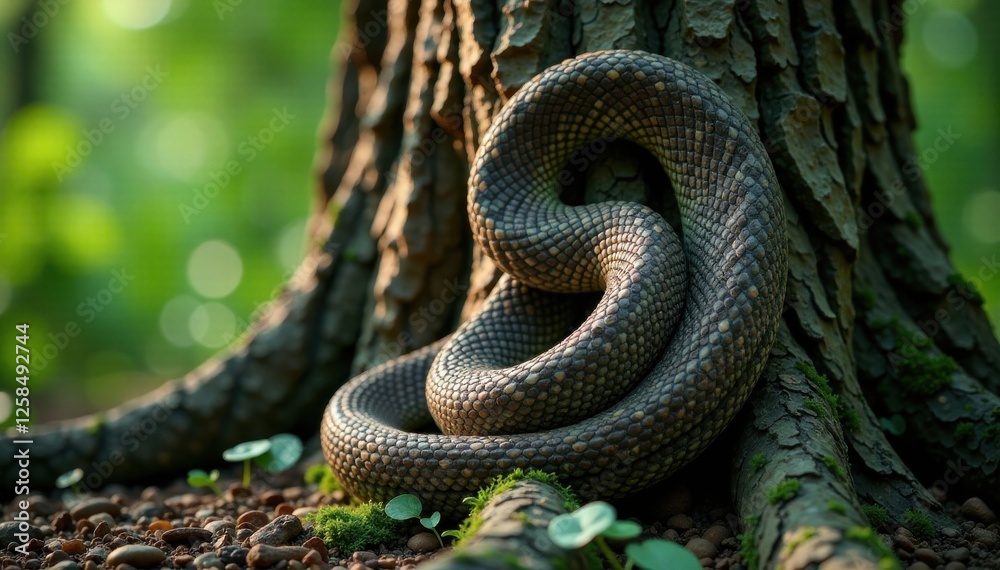 Tree trunk with swirling patterns resembling a snake's body, nest, foliage, forest Tree trunk with swirling patterns resembling a snake's body, nest, foliage, forest