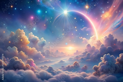 Ethereal Celestial Dreamscape Pastel Clouds and Starry Radiance in a Vibrant, Fantastical Sky Background.