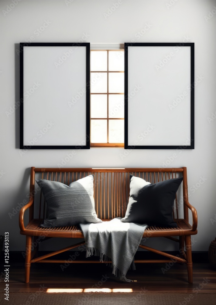 Two blank frames with black frames on a white wall above a bamboo bench with throw pillows and a blanket set against a backdrop of sunlight streaming in through a window bamboo house background beauti
