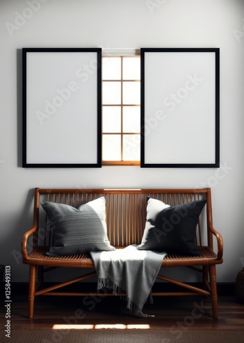 Obraz na płótnie Two blank frames with black frames on a white wall above a bamboo bench with throw pillows and a blanket set against a backdrop of sunlight streaming in through a window bamboo house background beauti w salonie