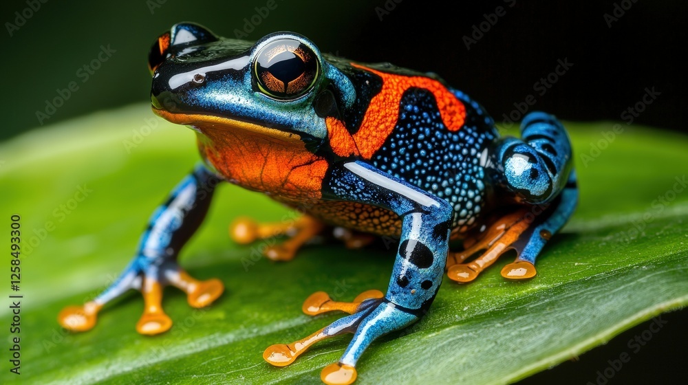 Obraz premium A frog with orange and blue spots is sitting on a leaf