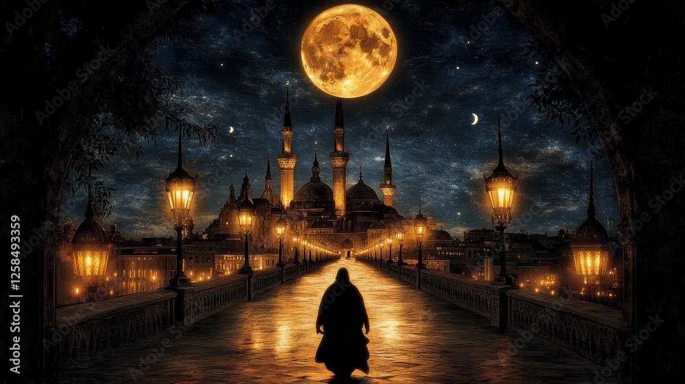 Obraz premium A lone figure walks toward a majestic mosque under a large, orange moon. The scene is lit by glowing streetlights, creating a magical atmosphere.