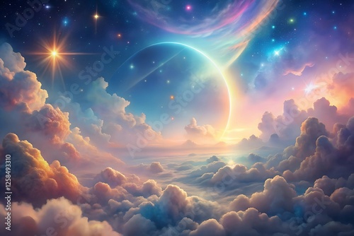 Ethereal Celestial Dreamscape Pastel Clouds and Starry Radiance in a Vibrant, Fantastical Sky Background.