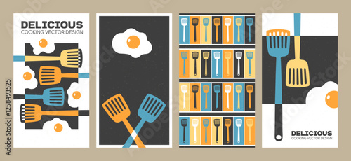  Food art design. Fried egg dinner restaurant vertical banner set. Abstract artistic cartoon omelet spatula vectors.
