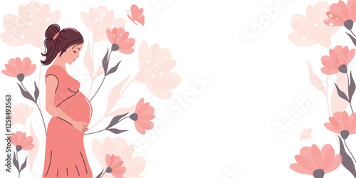 A template for banners, backgrounds, posters about pregnancy and motherhood with space for text. A pregnant woman, an expectant mother, hugging her stomach with her hands. Vector illustration.