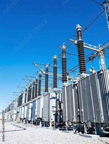 High Voltage Electrical Substation with Power Transformers photo