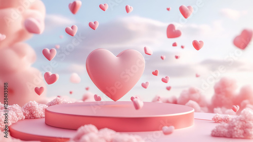 Realistic pink podium with hearts flying around isolated on transparent background. Vector illustration of platform in shape of love symbol. Product display mockup for sale presentation. Romantic gift