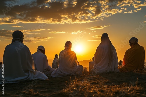 A serene moment during a lesser-known cultural ceremony, featuring individuals dressed in traditional garments under a stunning sunset photo