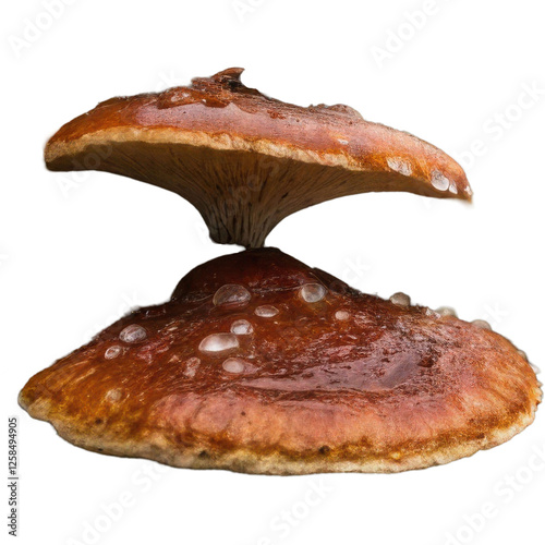 Close-Up of Fresh Mushroom with Water Droplets Residing on Its Cap Surrounded by Natural Organic Elements with Clipping Path