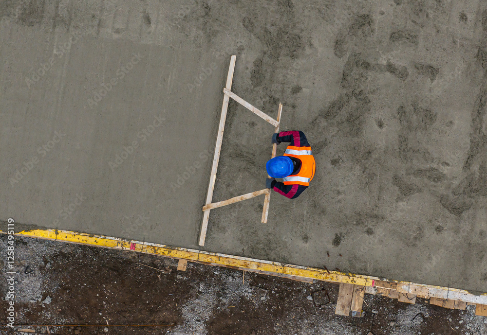 A construction worker wearing safety gear smoothing freshly poured concrete on a building site, demonstrating precision in industrial work. Construction industry.