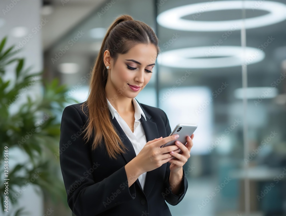 Woman Using Phone in Office for Finance Planning, Client Contact, and Economy Updates Woman Using Phone in Office for Finance Planning, Client Contact, and Economy Updates