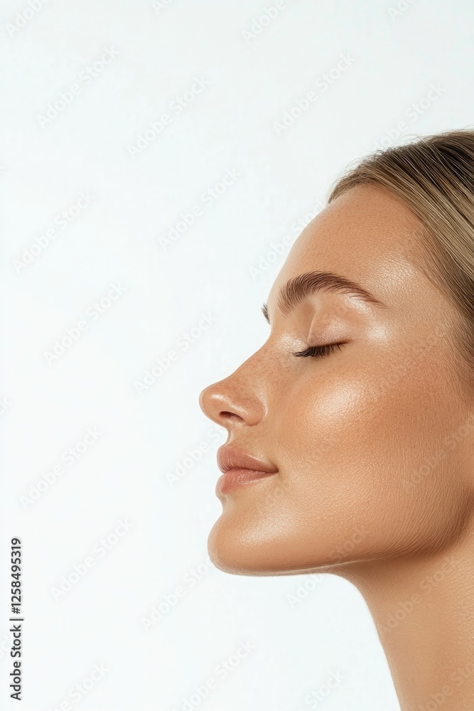 Elegant profile of woman highlighting smooth skin and serene exp Elegant profile of woman highlighting smooth skin and serene exp
