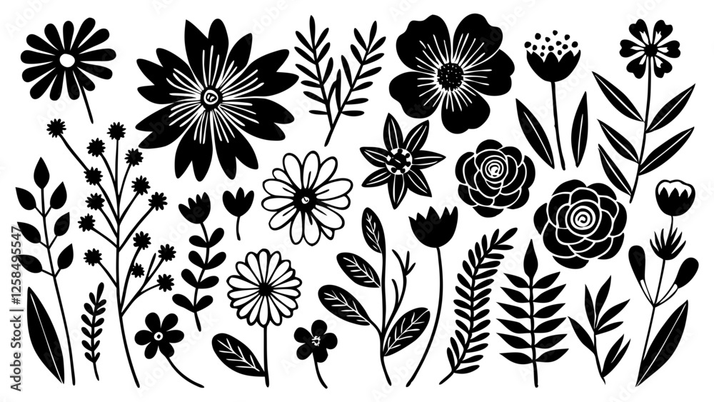 Black and White Floral Vector Pattern with Various Flowers, Intricate black and white vector illustration featuring a variety of flowers and leaves in a decorative pattern, perfect for prints, textile Black and White Floral Vector Pattern with Various Flowers, Intricate black and white vector illustration featuring a variety of flowers and leaves in a decorative pattern, perfect for prints, textile