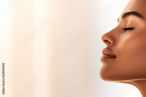 Radiant face in soft light, showcasing serene expression and smo photo