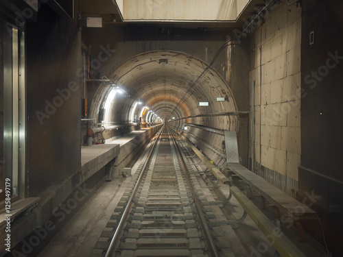 Driverless metro train travels through an underground tunnel in Thessaloniki.