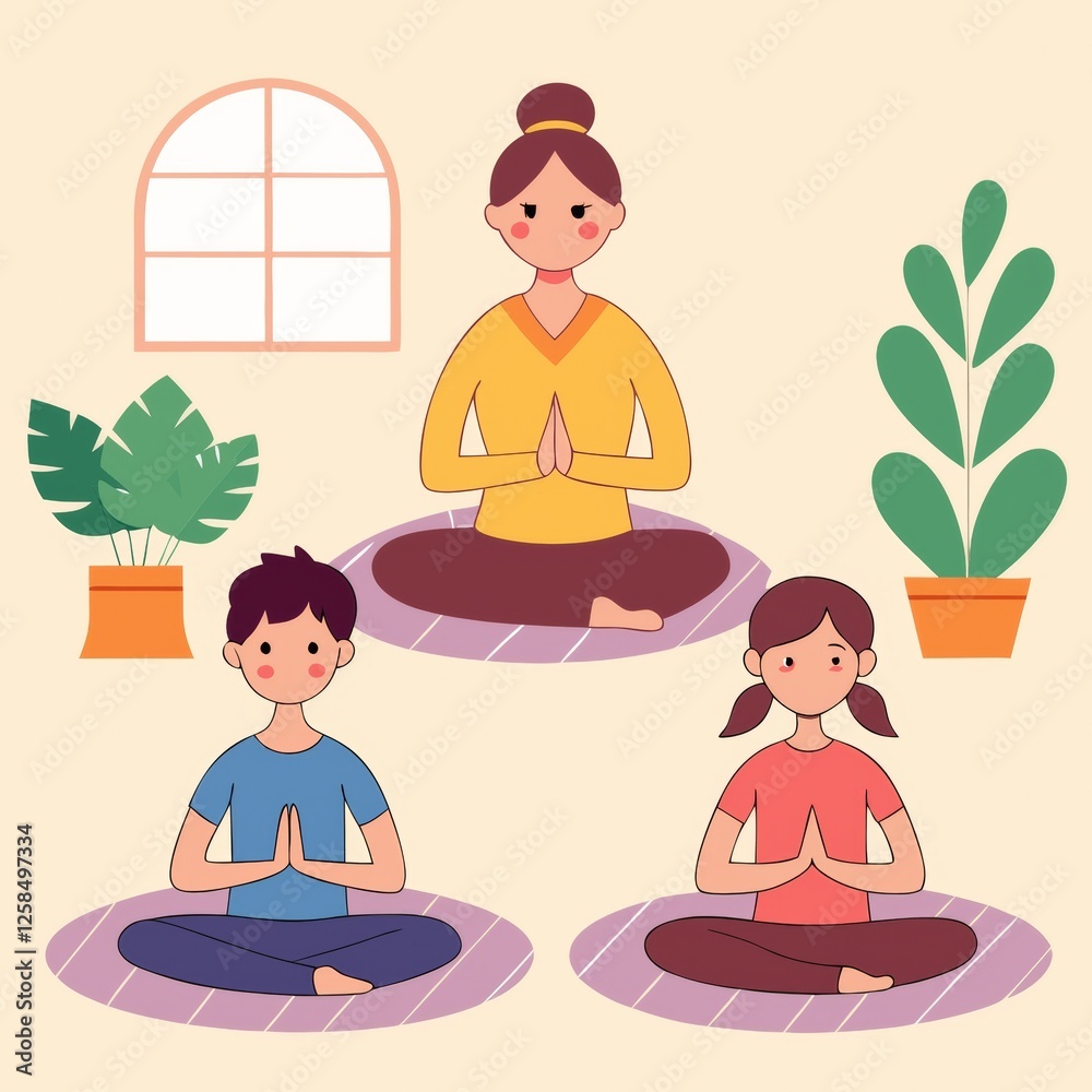 Family practicing yoga together in a peaceful home setting, relaxed and mindful atmosphere Family practicing yoga together in a peaceful home setting, relaxed and mindful atmosphere
