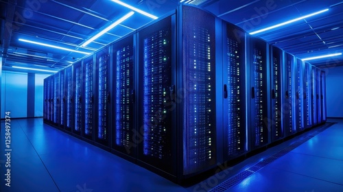 server rack in a data center，Internet, server, computer room, technology, data,Abstract futuristic blue glowing data center, dark background. Large server room with modern minimalist design.