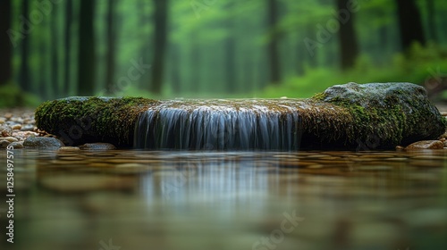 Forest stream cascading over mossy rocks photo