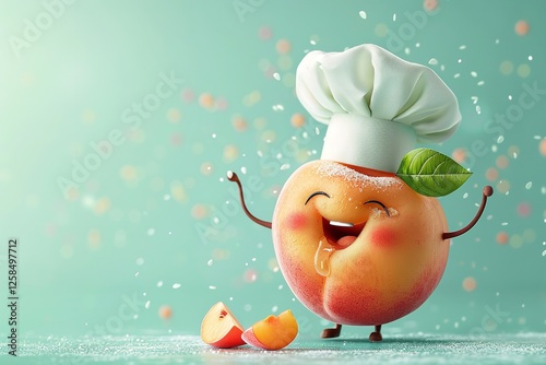 Over a pale green setting, an adorable animated peachy peach sporting a chef's hat with a joyful expression depicts cooking and healthy life lovely vivid hue and space, Generative AI.