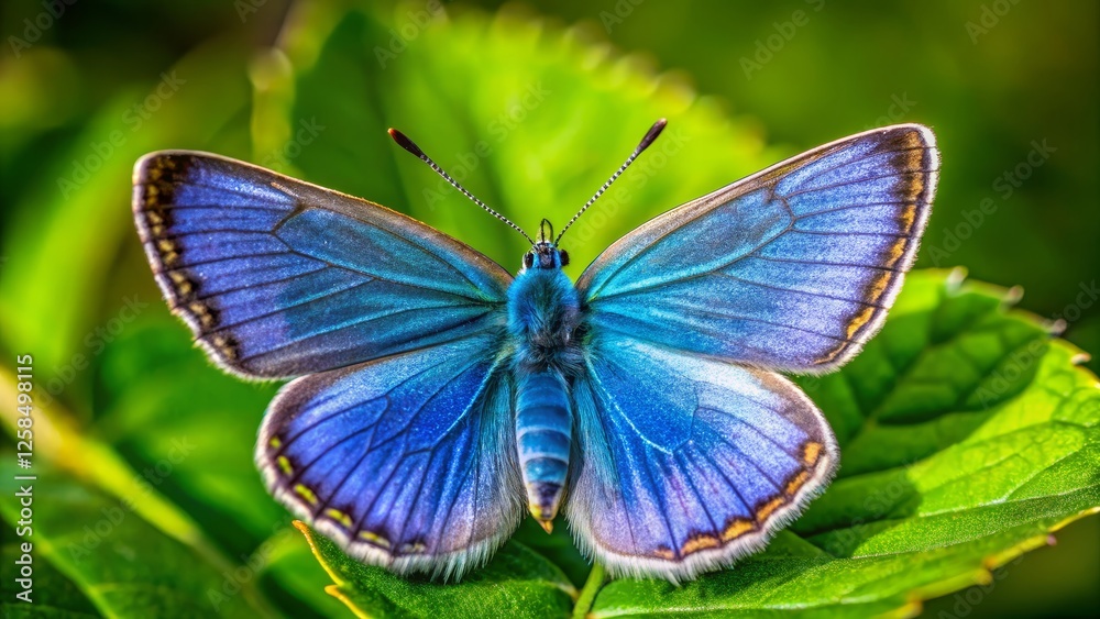 Vibrant Blue Butterfly Resting on Green Leaf in Natural Habitat Vibrant Blue Butterfly Resting on Green Leaf in Natural Habitat