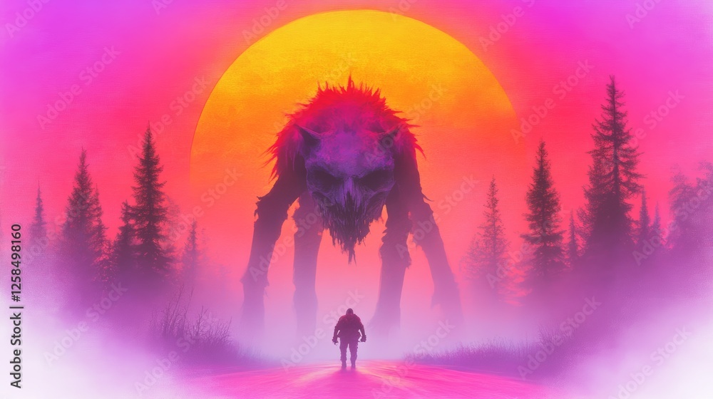 Fototapeta premium Silhouette of a man facing a monstrous creature under a vibrant sunset. A surreal digital painting.