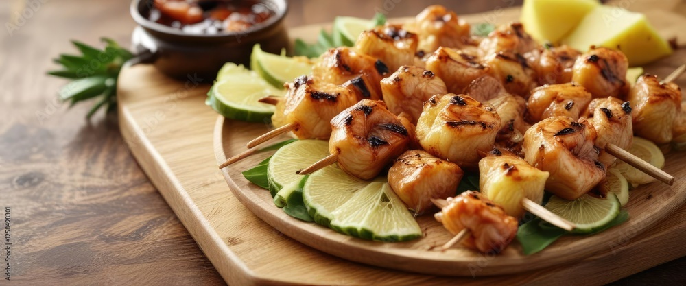 Fresh pineapple chunks and spicy teriyaki glazed shrimp skewers on a wooden plate, seafood, savory, Asian fusion Fresh pineapple chunks and spicy teriyaki glazed shrimp skewers on a wooden plate, seafood, savory, Asian fusion