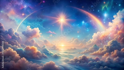 Ethereal Celestial Dreamscape Pastel Clouds and Starry Radiance in a Vibrant, Fantastical Sky Background.