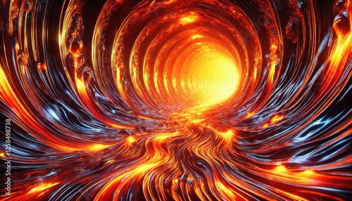 A tunnel of glowing liquid metal molten and radiant emitting intense orangeyellow light stretching infinitely. photo