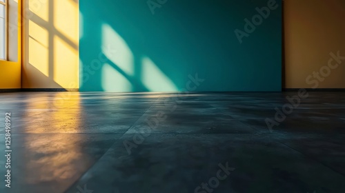 Empty Room with Teal and Yellow Walls and Sunlight Shadows