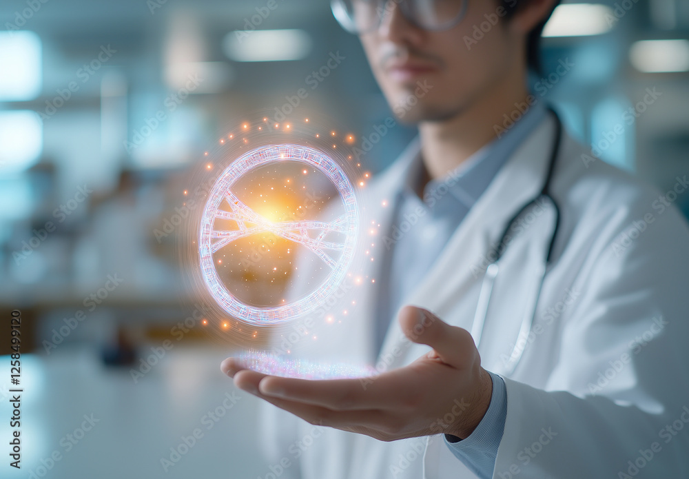 doctor in lab coat holds glowing hologram of DNA structure, showcasing advanced technology in medical setting. atmosphere is innovative and futuristic