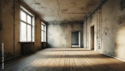 An empty apartment in need of renovation featuring a bare room with peeling paint cracked walls and an old wooden floor.