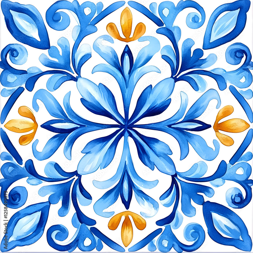 Fototapeta premium Watercolor artwork, blue and yellow azulejos tile Traditional Portuguese Mosaic