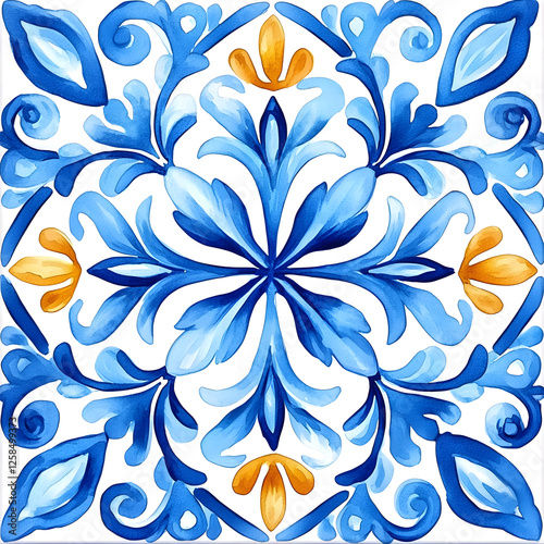 Watercolor artwork, blue and yellow azulejos tile Traditional Portuguese Mosaic